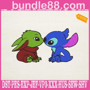 Baby Yoda And Stitch Kiss Embroidery Files