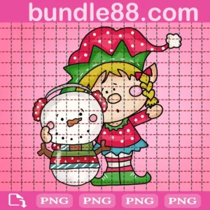 Bitty Girl Elf Loves Snowman Png