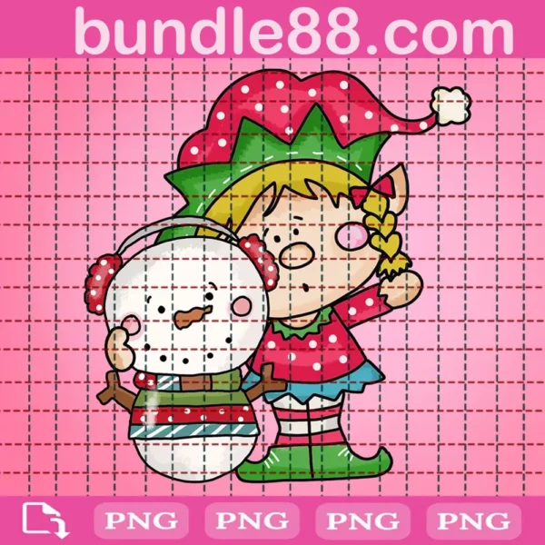 Bitty Girl Elf Loves Snowman Png