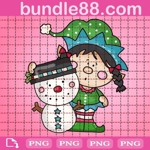 Bitty Girl Elf Loves Snowman Png