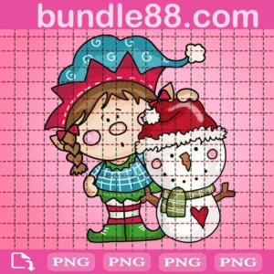 Bitty Girl Elf Loves Snowman Png