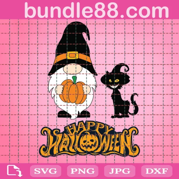 Happy Halloween Gnome Pumpkin Black Cat Svg
