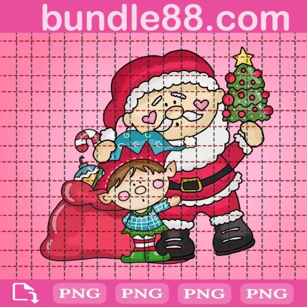 Santa Claus With Elf And Christmas Tree Png